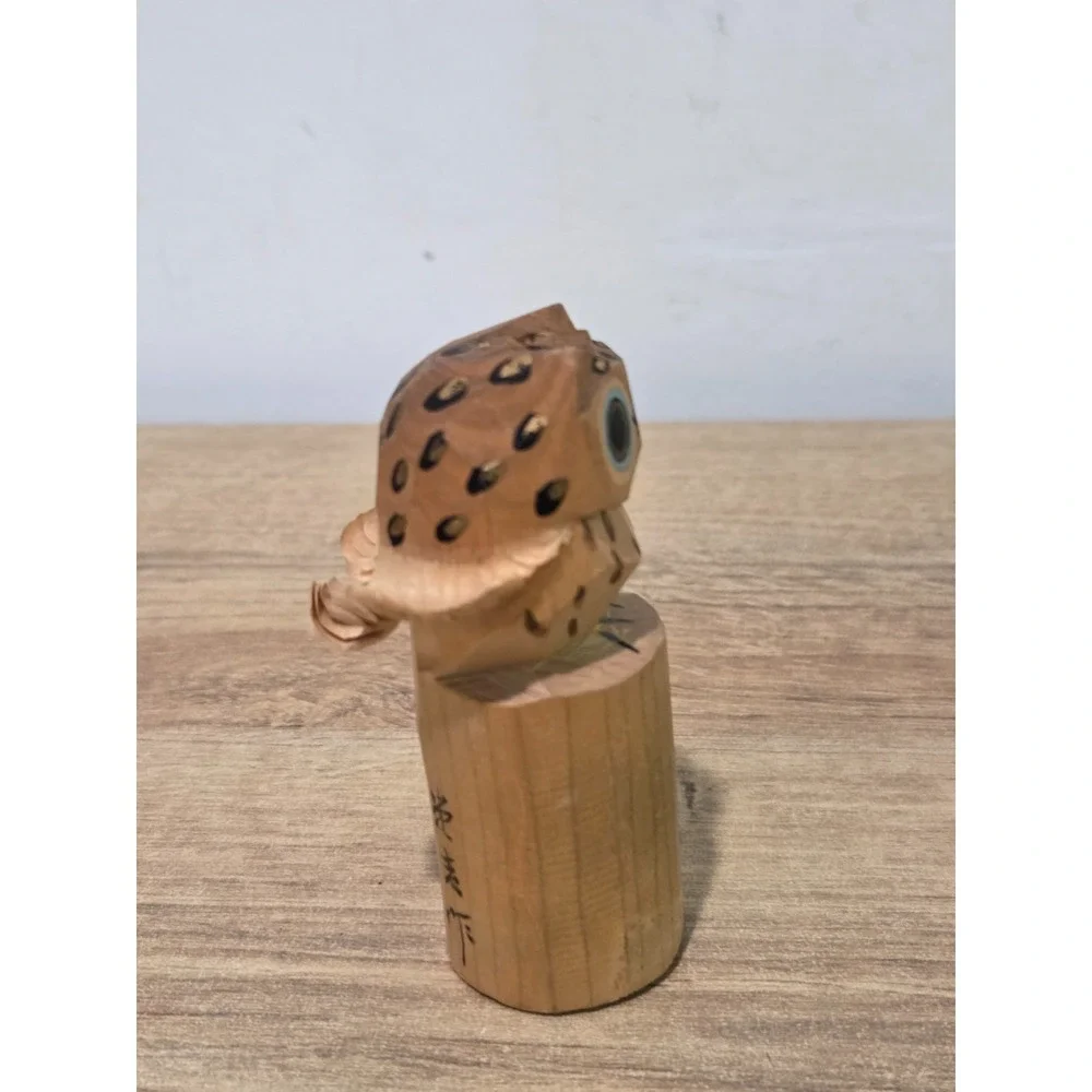 Vintage Japanese Sasano Bori Hand Carved Wooden Owl Figure Folk Art 3.5''